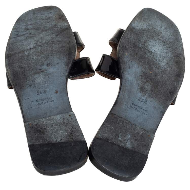 Pre Owned Hermes Black Patent Leather Oran Flat Slides Size 39.5