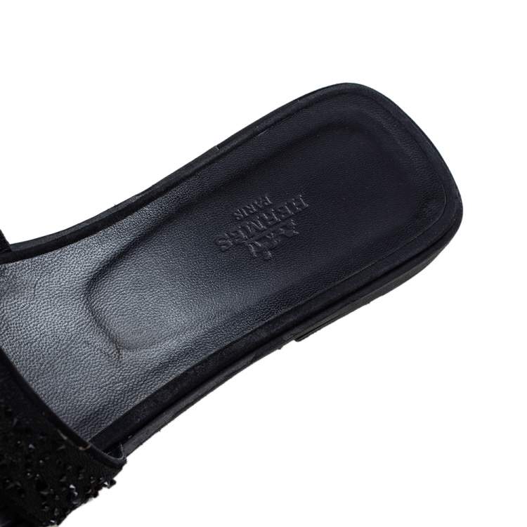 Pre Owned Hermes Black Crystal Embellished Suede Oran Sandals Size 39.5