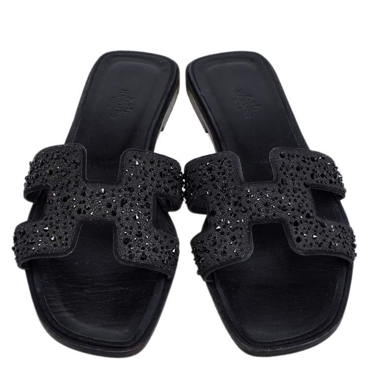 Pre Owned Hermes Black Crystal Embellished Suede Oran Sandals Size 39.5