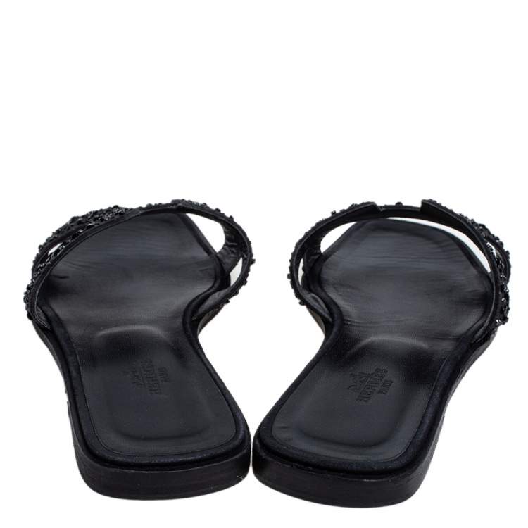 Pre Owned Hermes Black Crystal Embellished Suede Oran Sandals Size 39.5