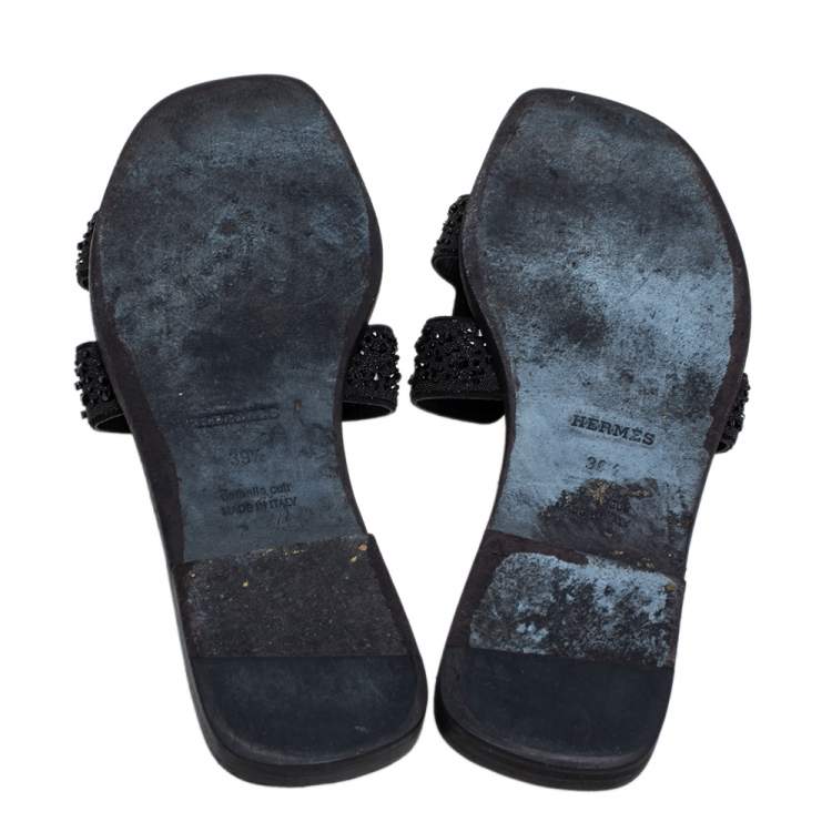 Pre Owned Hermes Black Crystal Embellished Suede Oran Sandals Size 39.5