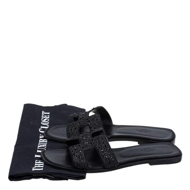 Pre Owned Hermes Black Crystal Embellished Suede Oran Sandals Size 39.5