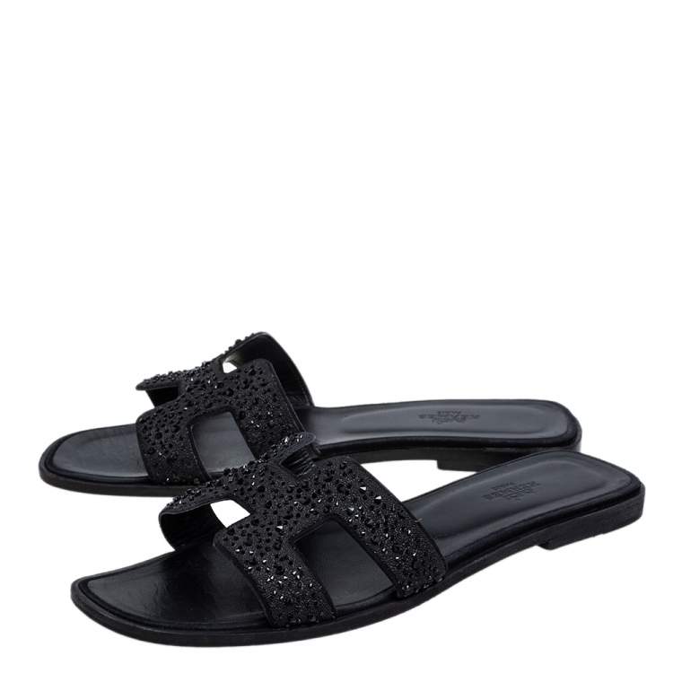 Pre Owned Hermes Black Crystal Embellished Suede Oran Sandals Size 39.5