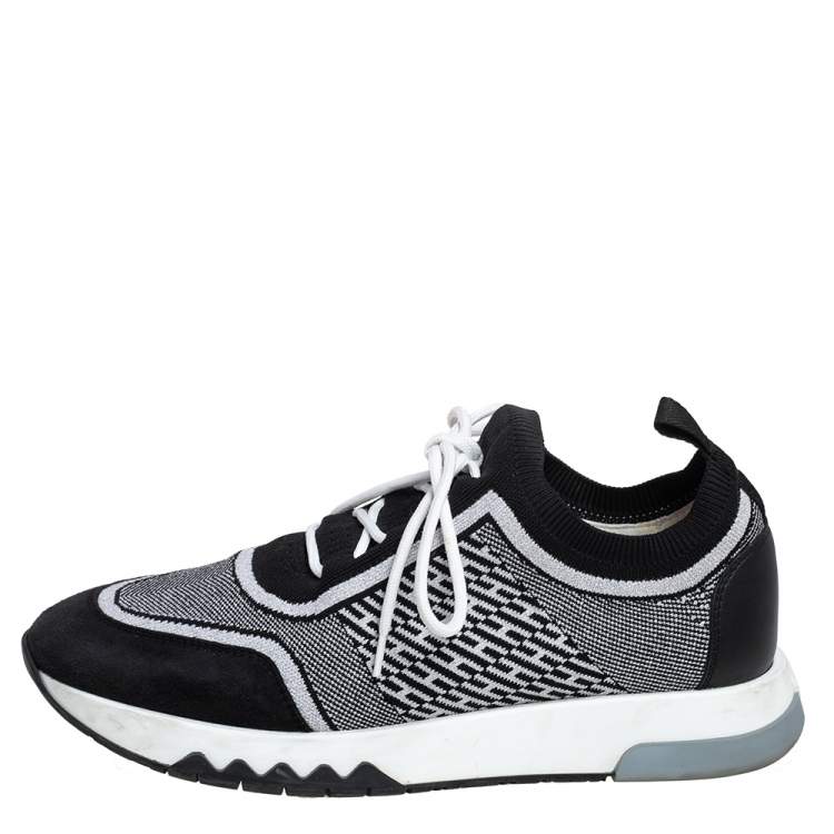 Pre Owned Hermes Black/White Suede And Knit Fabric Addict Sneakers Size 37