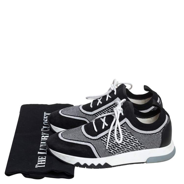 Pre Owned Hermes Black/White Suede And Knit Fabric Addict Sneakers Size 37