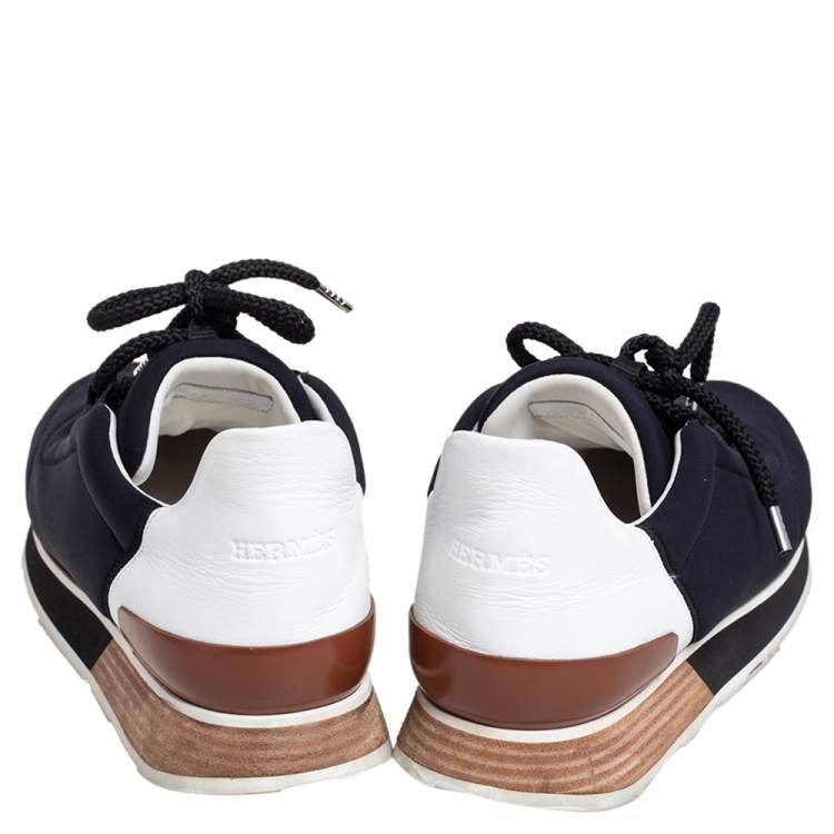 Pre Owned Hermés Navy Blue/White Fabric And Leather Miles Low Top Sneakers Size 40