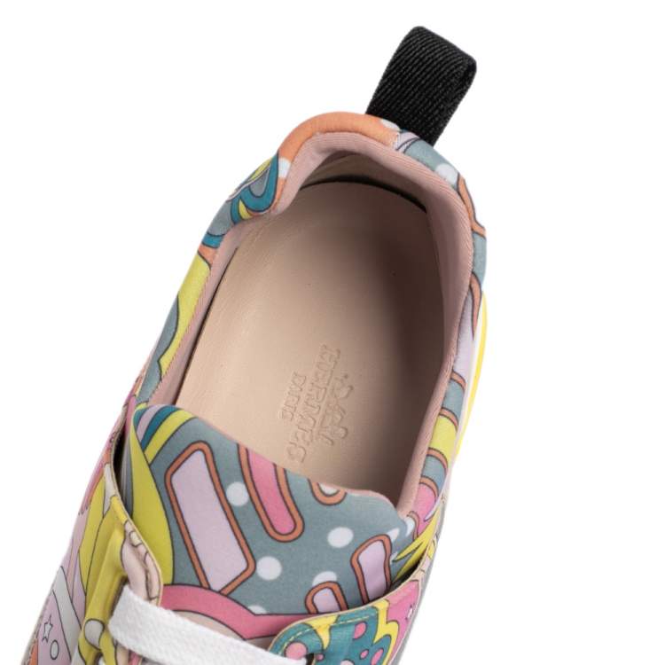 Pre Owned Hermes Multicolor Print Canvas and Suede Stadium Low Top Sneakers Size 37