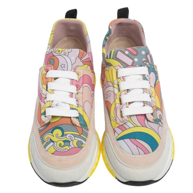 Pre Owned Hermes Multicolor Print Canvas and Suede Stadium Low Top Sneakers Size 37