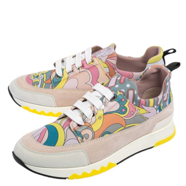 Pre Owned Hermes Multicolor Print Canvas and Suede Stadium Low Top Sneakers Size 37