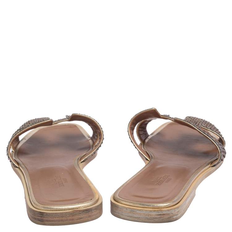 Pre Owned Hermes Metallic Gold Python Leather Oran Sandals Size 39.5