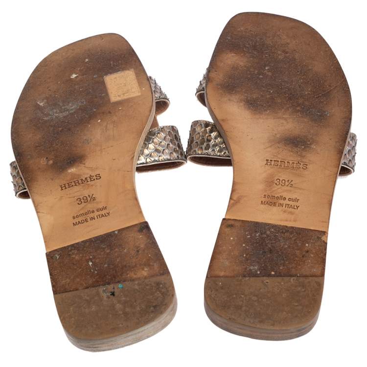 Pre Owned Hermes Metallic Gold Python Leather Oran Sandals Size 39.5