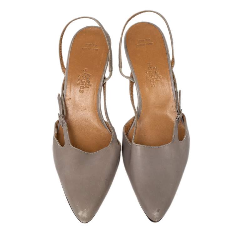 Pre Owned Hermes Grey Leather Pointed Toe Silngback Sandals Size 37.5