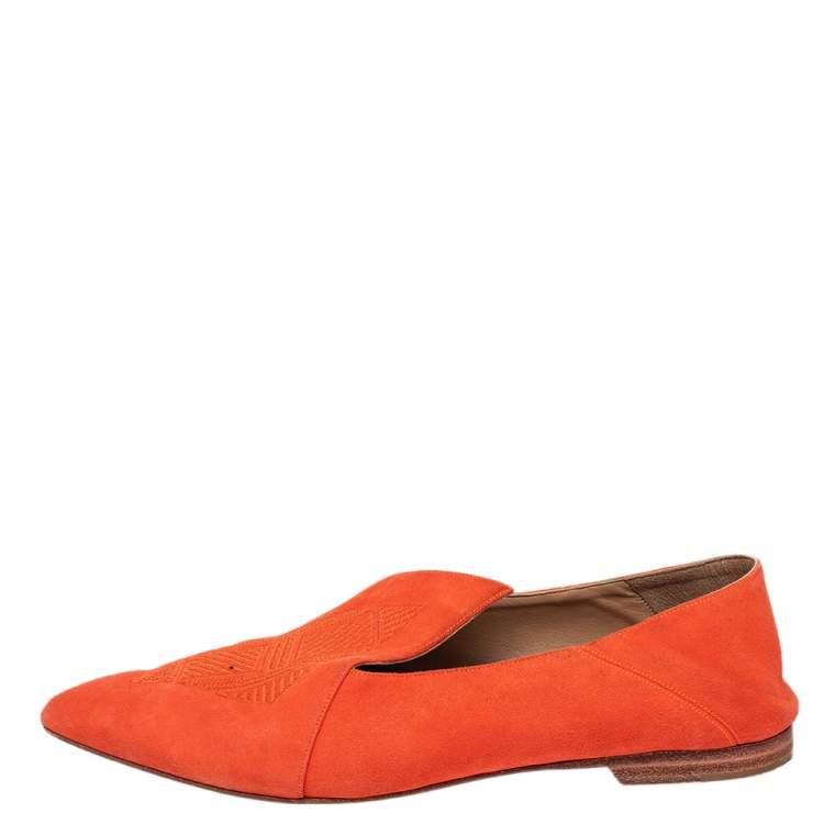 Pre Owned Hermes Orange Suede Logo Embroidered Pointed Toe Smoking Slippers Size 41