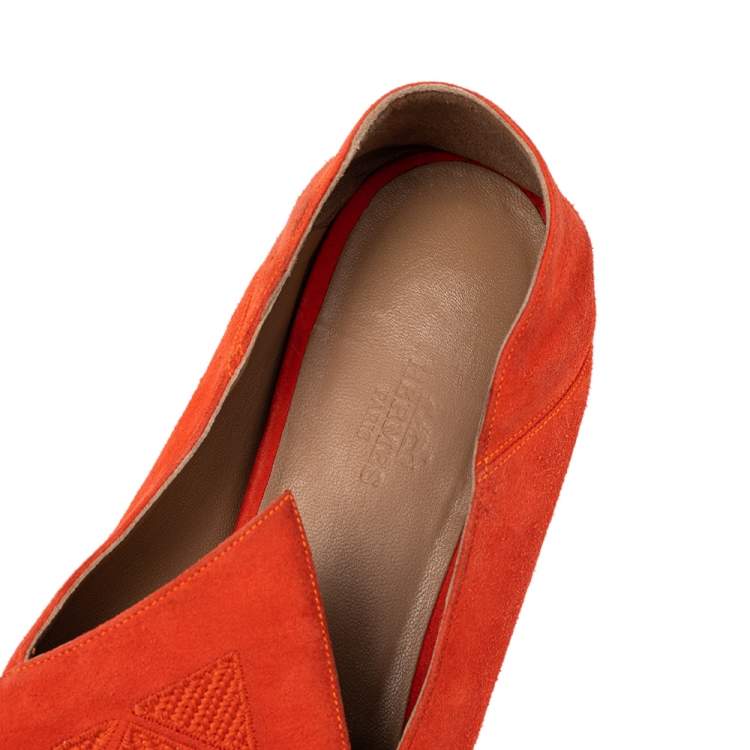 Pre Owned Hermes Orange Suede Logo Embroidered Pointed Toe Smoking Slippers Size 41