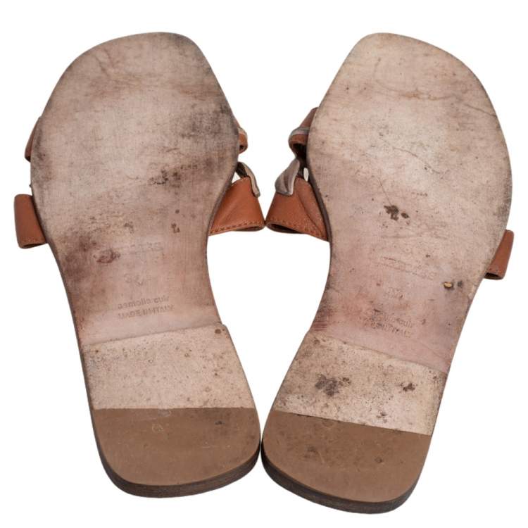 Pre Owned Hermès Brown Leather Gold Leaves Oran Flats Size 37.5