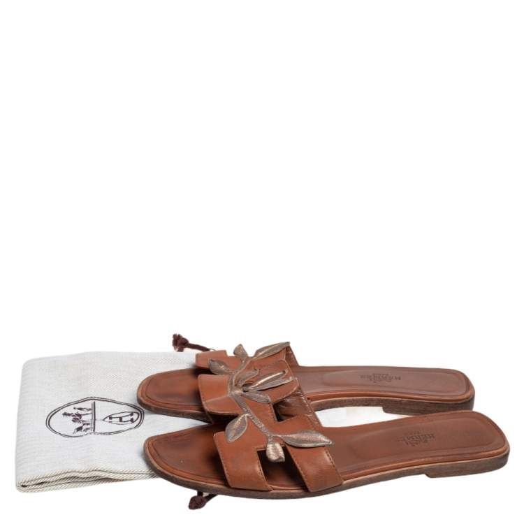Pre Owned Hermès Brown Leather Gold Leaves Oran Flats Size 37.5