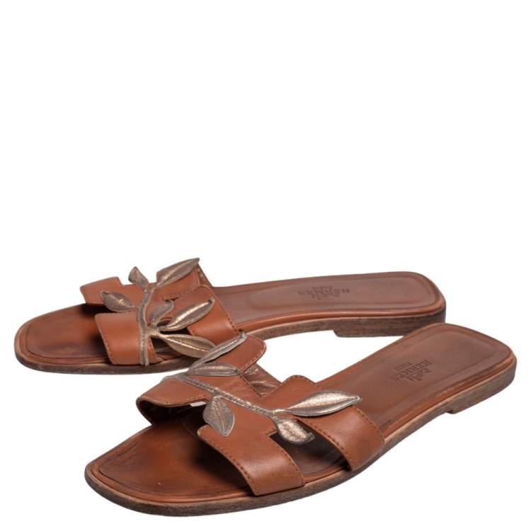 Pre Owned Hermès Brown Leather Gold Leaves Oran Flats Size 37.5