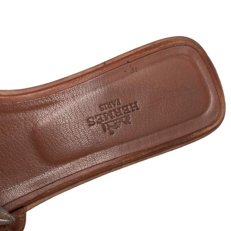 Pre Owned Hermès Brown Leather Gold Leaves Oran Flats Size 37.5