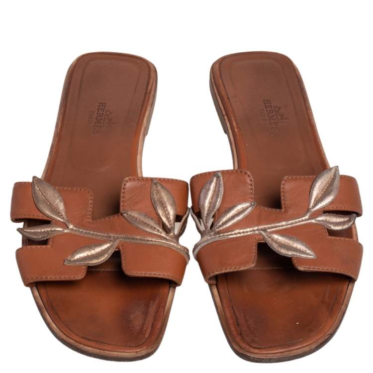 Pre Owned Hermès Brown Leather Gold Leaves Oran Flats Size 37.5
