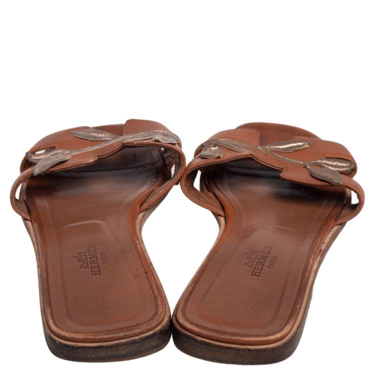 Pre Owned Hermès Brown Leather Gold Leaves Oran Flats Size 37.5