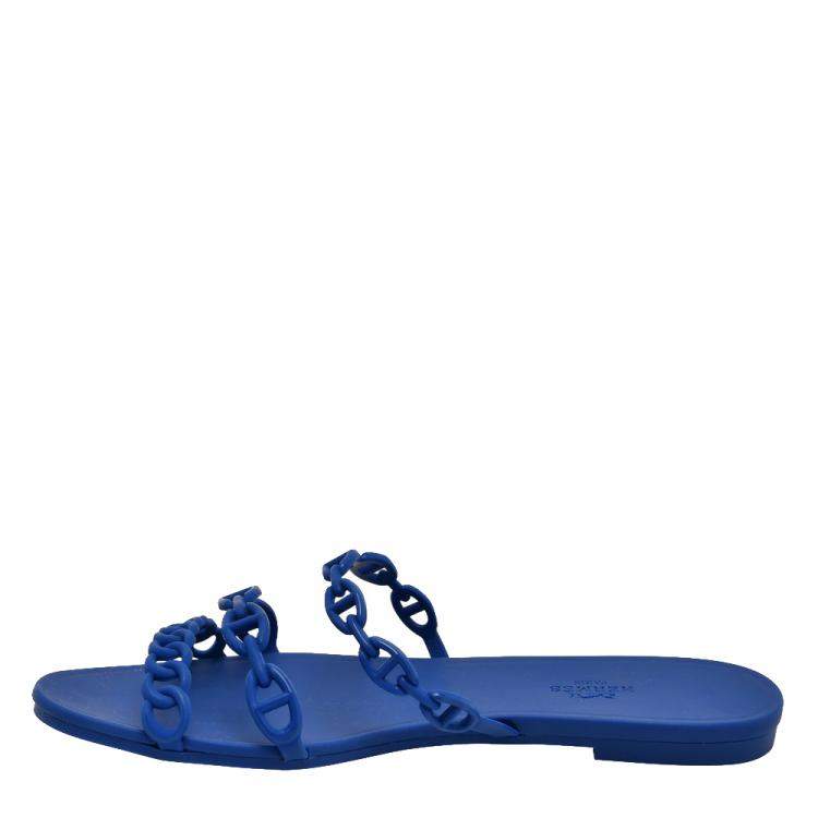 Pre Owned Hermes Blue Rubber D'ancre Chaine Rivage Flat Sandals EU 40