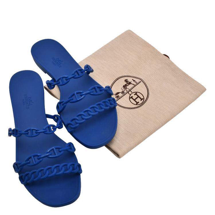 Pre Owned Hermes Blue Rubber D'ancre Chaine Rivage Flat Sandals EU 40