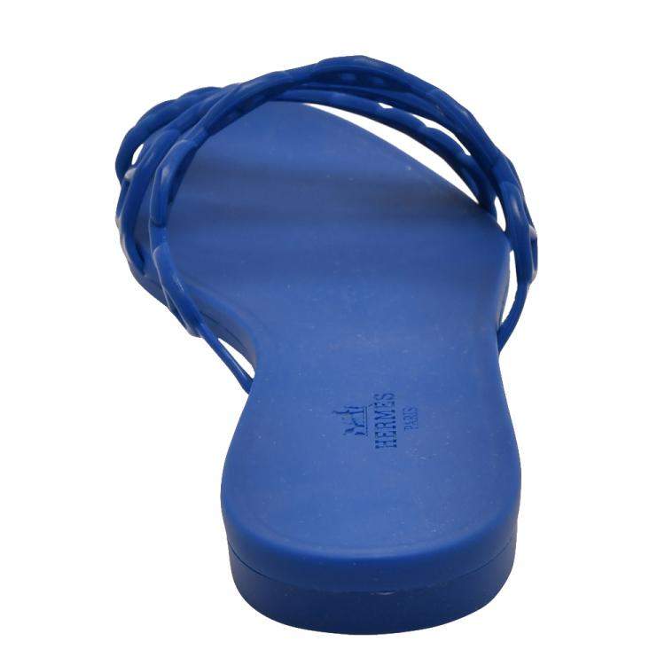 Pre Owned Hermes Blue Rubber D'ancre Chaine Rivage Flat Sandals EU 40