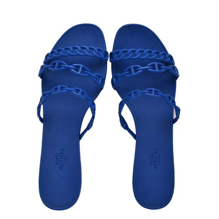 Pre Owned Hermes Blue Rubber D'ancre Chaine Rivage Flat Sandals EU 40