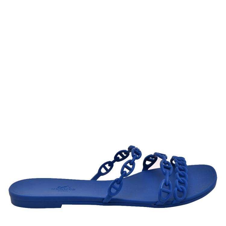 Pre Owned Hermes Blue Rubber D'ancre Chaine Rivage Flat Sandals EU 40