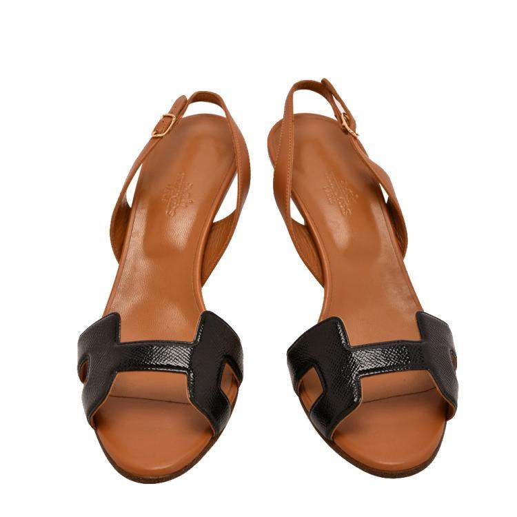 Pre Owned Hermes Brown Leather Night Slingback Sandals Size EU 39