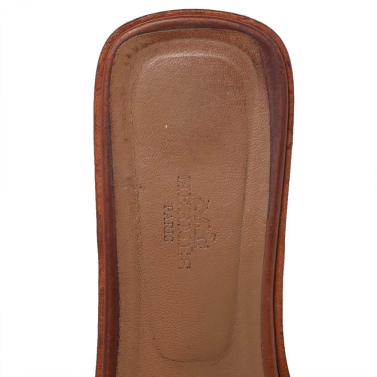 Pre Owned Hermes Brown Leather Oran Flat Slides Size 40