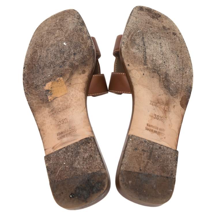 Pre Owned Hermes Brown Leather Oran Flat Slides Size 36.5