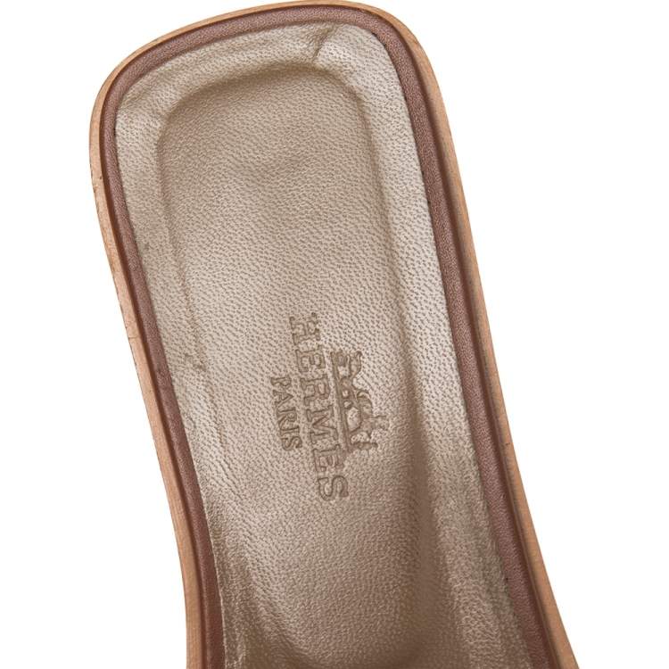 Pre Owned Hermes Brown Leather Oran Flat Slides Size 36.5