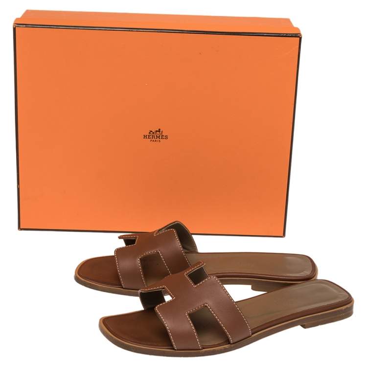 Pre Owned Hermes Brown Leather Oran Flat Slides Size 36.5