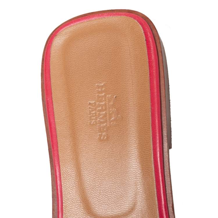 Pre Owned Hermes Pink Leather Oran Slide Flats Size 40.5