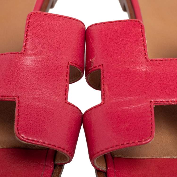 Pre Owned Hermes Pink Leather Oran Slide Flats Size 40.5
