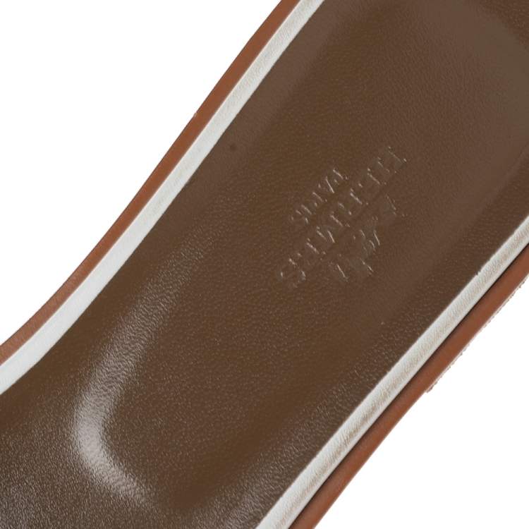 Pre Owned Hermes White Leather Oran Slide Flats Size 40.5