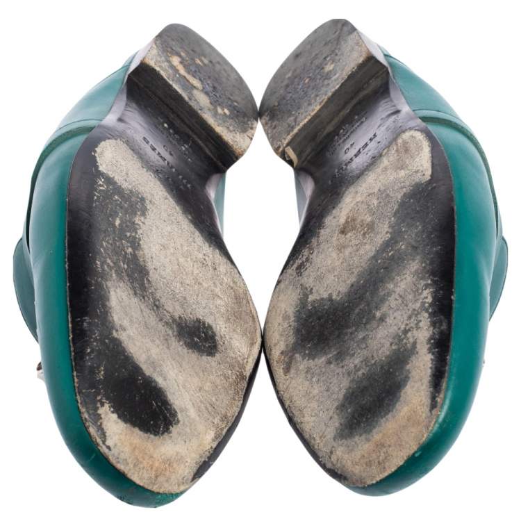 Pre Owned Hermes Green Leather Palladium Plated Oz  Flat Mules Size 40