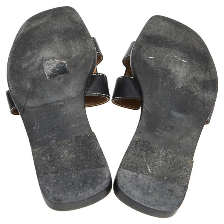 Pre Owned Hermes Black Leather Oran Flat Sandals Size 39