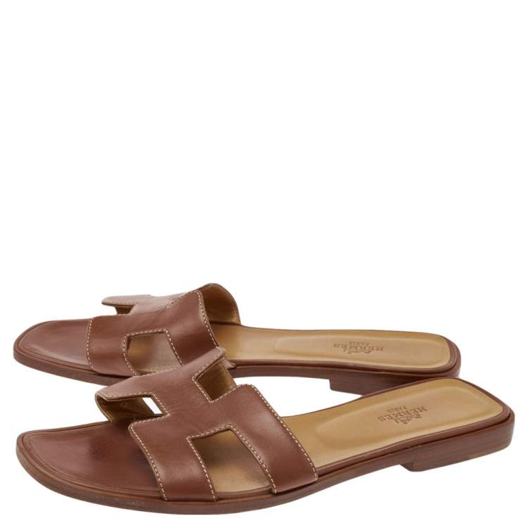 Pre Owned Hermes Brown Leather Oran Flats Size 39.5