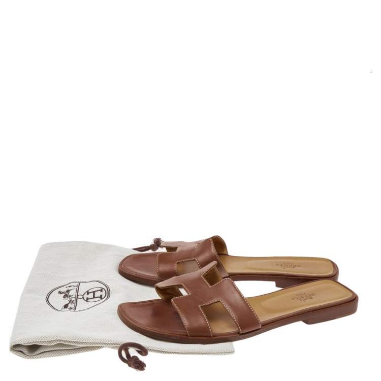 Pre Owned Hermes Brown Leather Oran Flats Size 39.5