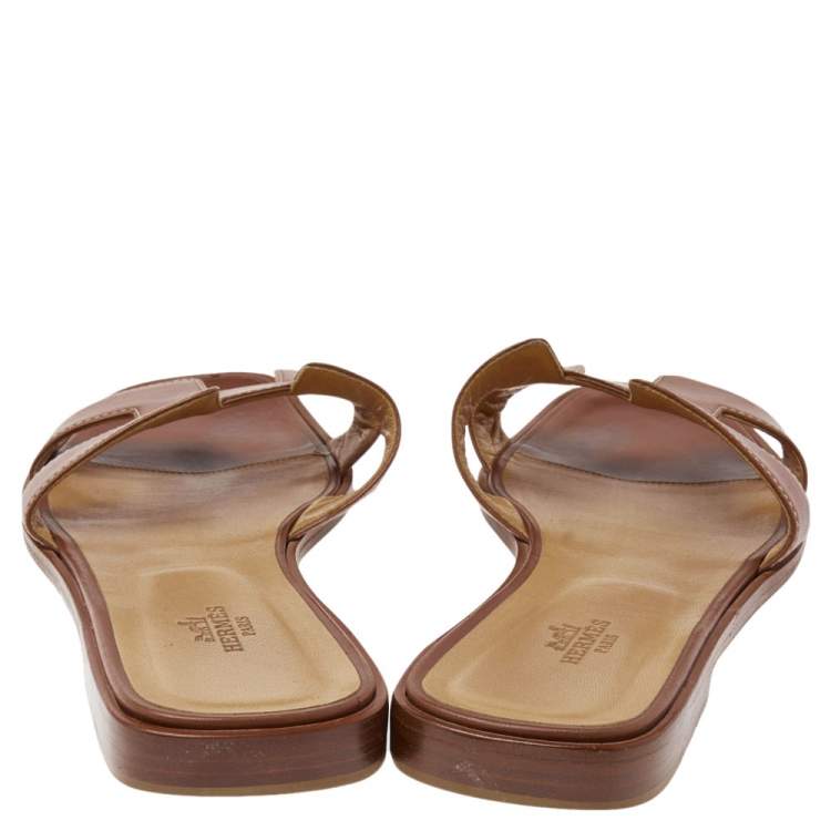 Pre Owned Hermes Brown Leather Oran Flats Size 39.5