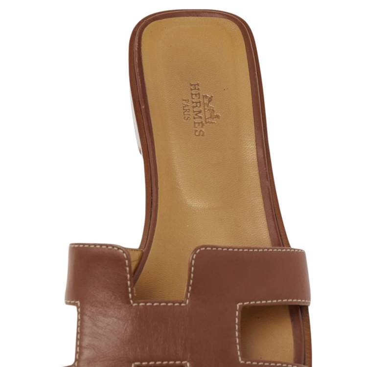 Pre Owned Hermes Brown Leather Oran Flats Size 39.5