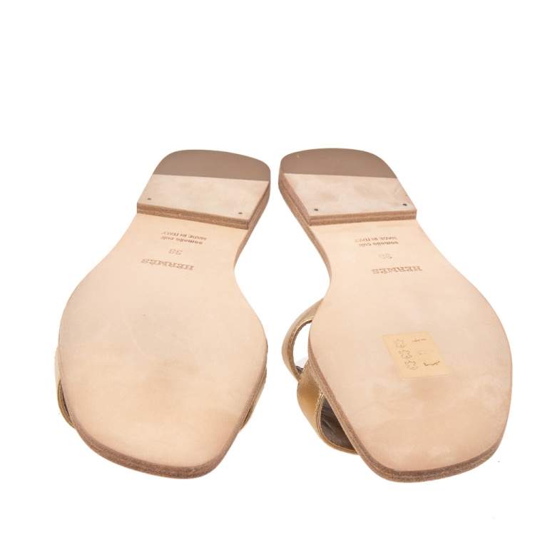 Pre Owned Hermes Gold Leather Oran Flat Sandals Size 38