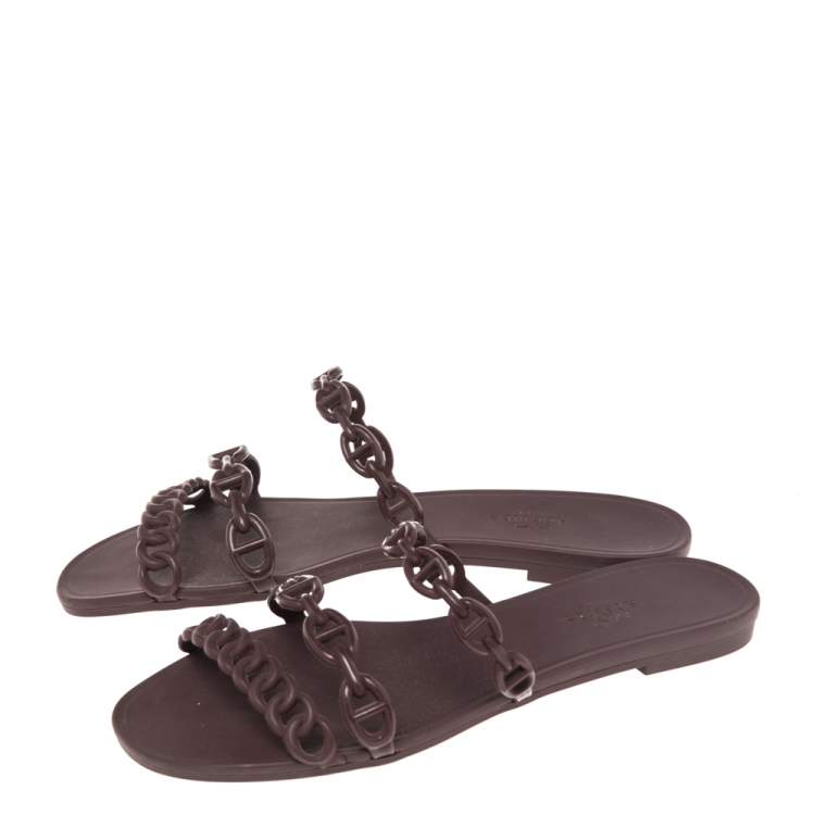 Pre Owned Hermes Burgundy Rubber D'ancre Chaine Rivage Flats Size 36