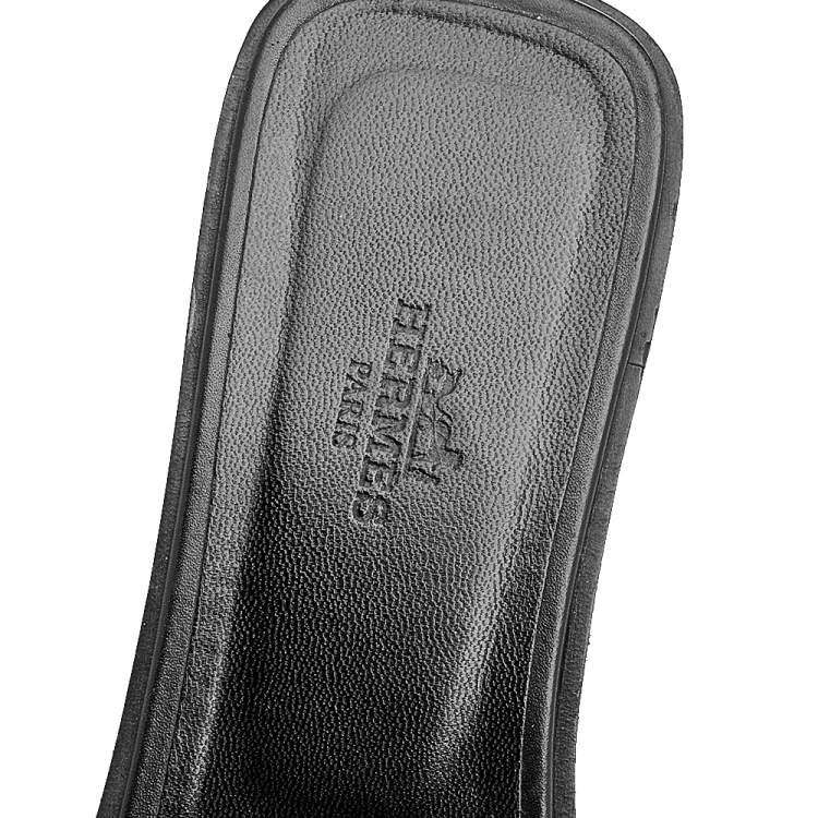 Pre Owned Hermes Black Leather Medor Pyramid Oran Flat Slides Size 38.5