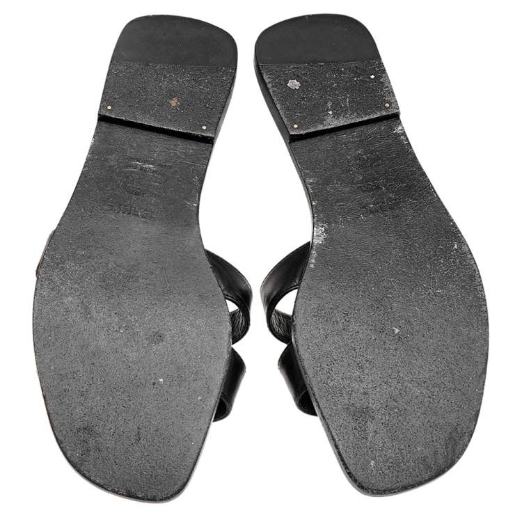 Pre Owned Hermes Black Leather Medor Pyramid Oran Flat Slides Size 38.5