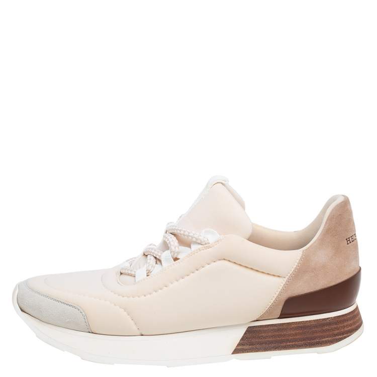 Pre Owned Hermes Cream/Grey Fabric And Suede Miles Lace Up Sneakers Size 38