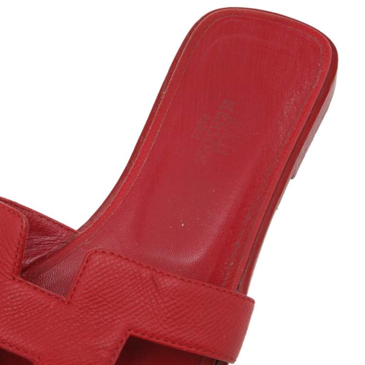Pre Owned Hermes Red Leather Oran Flat Slides Size 36