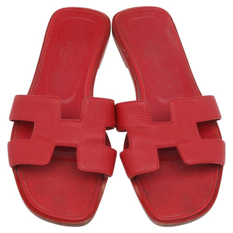 Pre Owned Hermes Red Leather Oran Flat Slides Size 36